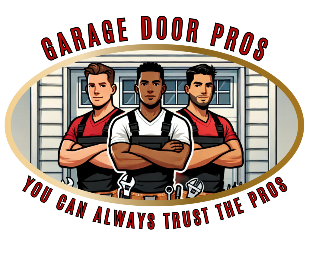 Garage door pro logos with 3 cartoon men